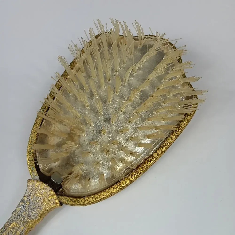 Vintage Hair Brush Brown Marble Like Back Golden Handle Clear Bristles Removable